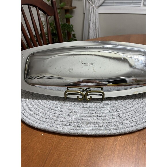 Vintage MCM Kromex Chrome w/ Gold Tone Handles Bread and Roll Serving Tray 17” - Picture 3 of 8